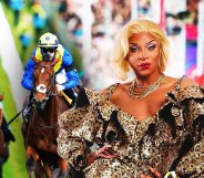 Drag queen Cara Melle, wearing a gold dress and blonde hair, and a horse jockey