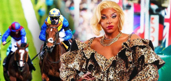 Drag queen Cara Melle, wearing a gold dress and blonde hair, and a horse jockey