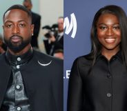 On the right, Dwyane Wade wears a black leather top and black cape at the 20223 met gala. on the right, Zaya Wade smiles at the camera wearing a balck top at the GLAAD Media aWARDS.