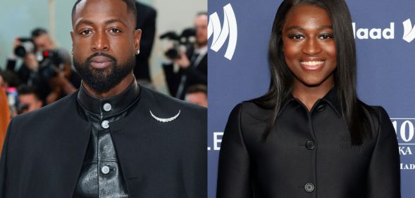 On the right, Dwyane Wade wears a black leather top and black cape at the 20223 met gala. on the right, Zaya Wade smiles at the camera wearing a balck top at the GLAAD Media aWARDS.