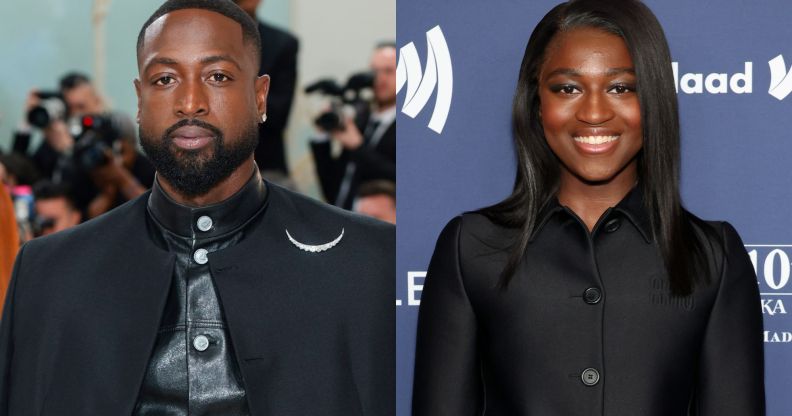 On the right, Dwyane Wade wears a black leather top and black cape at the 20223 met gala. on the right, Zaya Wade smiles at the camera wearing a balck top at the GLAAD Media aWARDS.