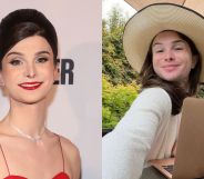 Two photos of trans TikTok star Dylan Mulvaney. In the photo on the left she wears her hair in an updo and a red dress, in the photo on the right she is in a beige sunhat and white top.