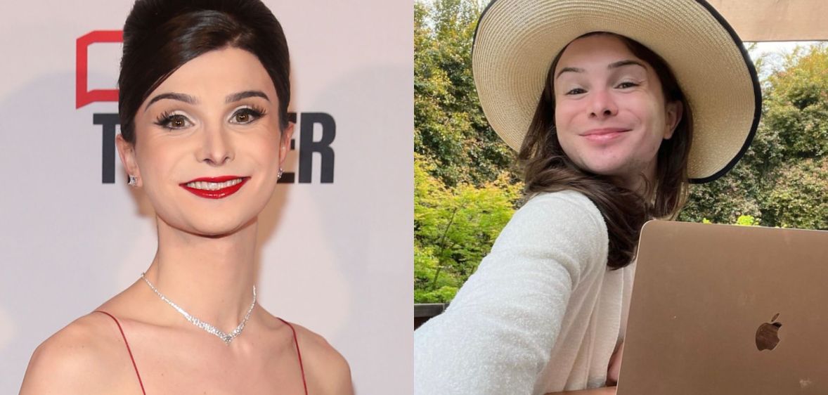 Two photos of trans TikTok star Dylan Mulvaney. In the photo on the left she wears her hair in an updo and a red dress, in the photo on the right she is in a beige sunhat and white top.
