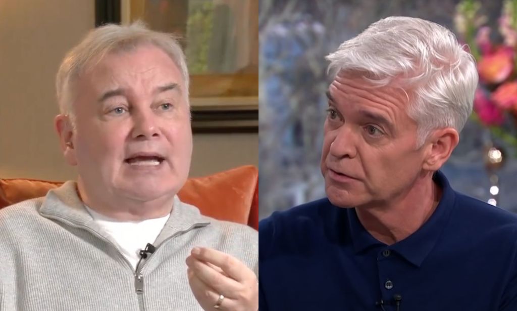 On the right, a still of Eamonn Holmes from his latest GB news interview. On the right, a still of Phillip Schofield during his coming out interview.