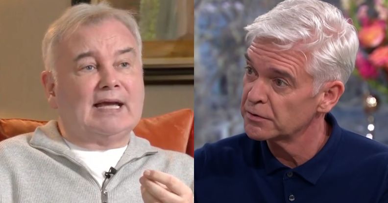 On the right, a still of Eamonn Holmes from his latest GB news interview. On the right, a still of Phillip Schofield during his coming out interview.