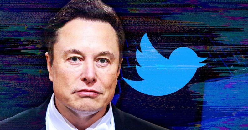 Elon Musk with his hand on his face next to the Twitter bird logo
