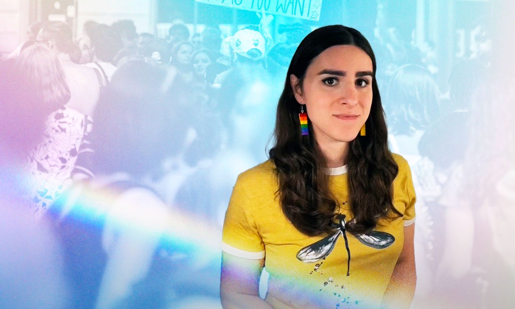 An edited image of Erin Reed infront of a colourful background of protestors.