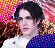 Eurovision 2023 act Luke Black in front of a colourful background.