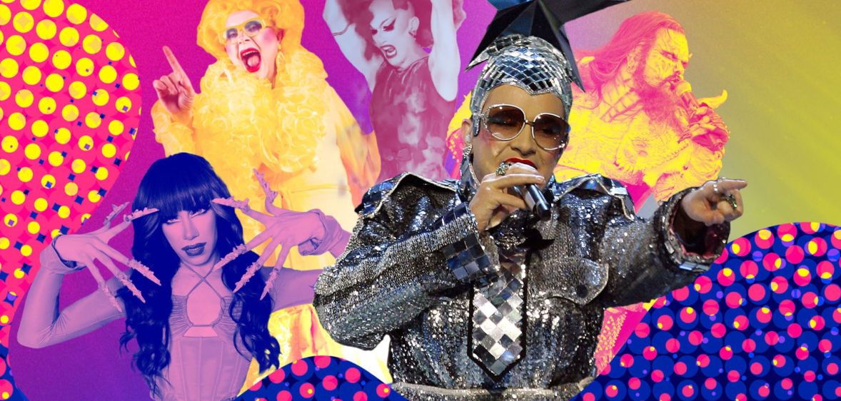 Eurovision and drag icons Verka Serduchka, Ginny Lemon, Maxxy Rainbow, Sasha Velour and Lordi against a colourful backgrounds.