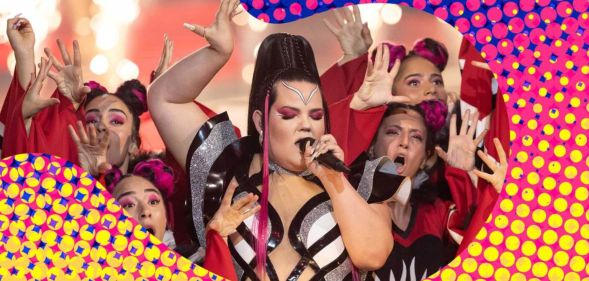 Netta performs her song Toy with backing dancers, against a colourful background.