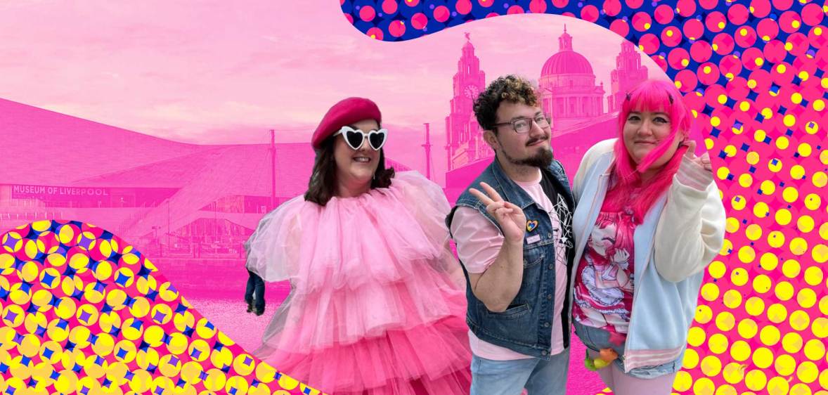 Collage showing three Eurovision fan: one in a pink frilly dress, one in double denim and a pink t-shirt and one in a hot pink wig and matching top