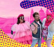 Collage showing three Eurovision fan: one in a pink frilly dress, one in double denim and a pink t-shirt and one in a hot pink wig and matching top