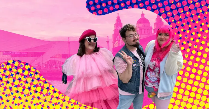 Collage showing three Eurovision fan: one in a pink frilly dress, one in double denim and a pink t-shirt and one in a hot pink wig and matching top