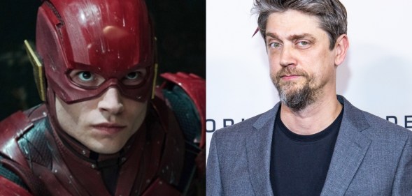 Ezra Miller as the Flash (L) and director Andy Muschieti (R). (DC studios_Getty)