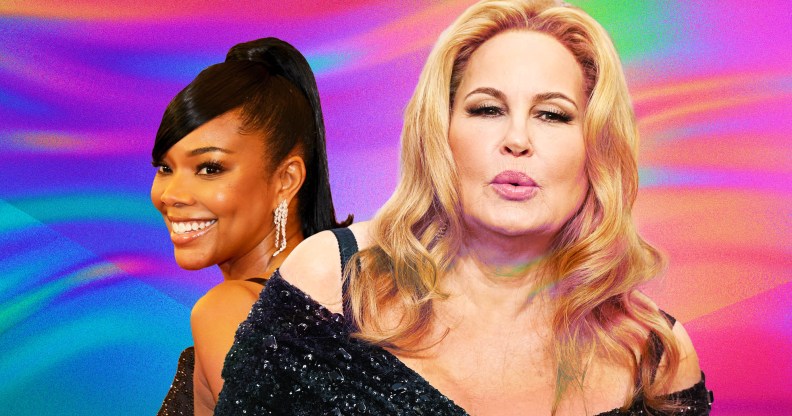 Gabrielle Union and Jennifer Coolidge on a colourful rainbow backdrop.