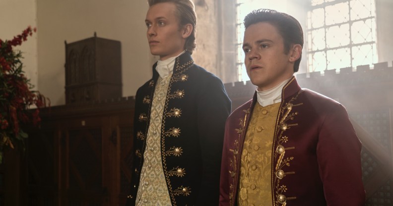 Gay couple Reynolds (Freddie Dennis) and Brimsley (Sam Clemmett) in Queen Charlotte: A Bridgerton Story.