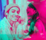 Thisis an image of two people. On the left there is a man and he is wearing a beanie and smiling to the camera. There is a yellow tint over him. On the other side there is a young woman.She is also wearing a beanie and there is a pink tint overlay.