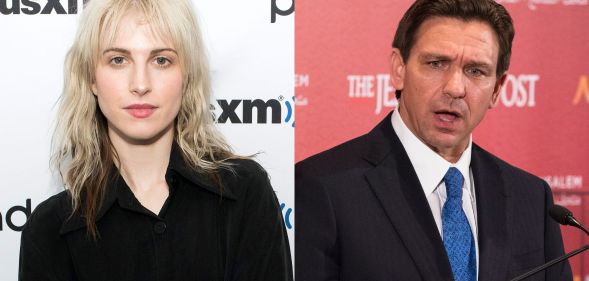 On the left, Paramore singer Hayley Williams in a black top against a white and black background. On the right, presidential hopeful Ron DeSantis.