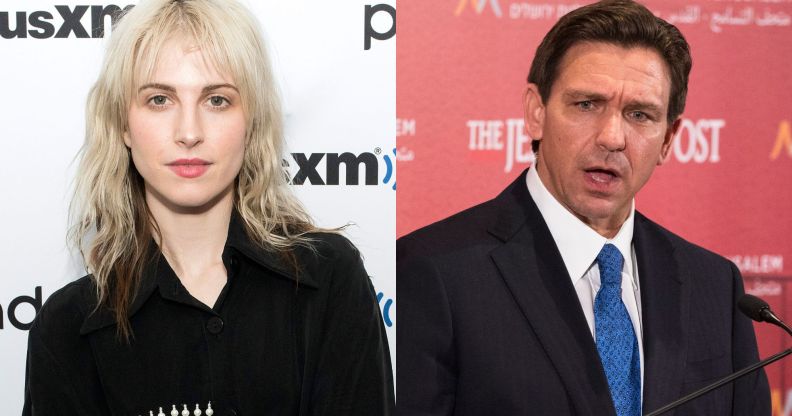 On the left, Paramore singer Hayley Williams in a black top against a white and black background. On the right, presidential hopeful Ron DeSantis.