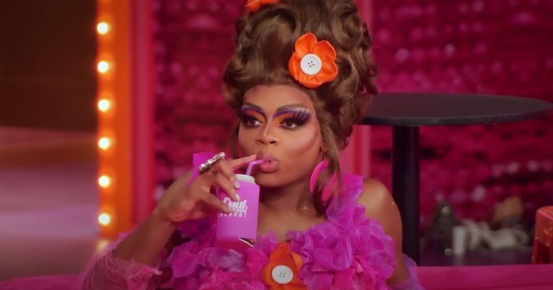 Heidi N Closet sips a drink in Untucked following the latest episode of RuPaul's Drag Race All Stars 8.