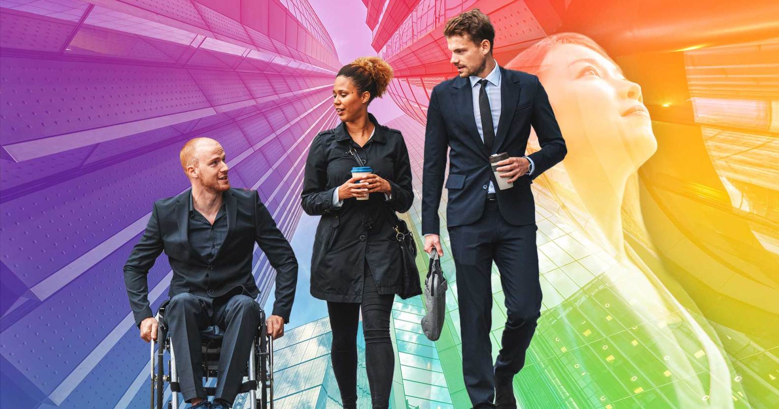 Three corporate workers in a line, with rainbow Pride LGBTQ colours in the background