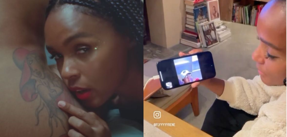 On the left, a still from Janelle Monáe’s new music video Lipstick Lover. On the right, a still from her mum reacting to the video.