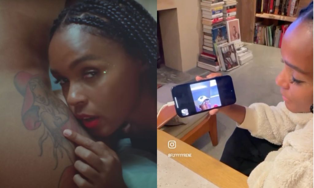 On the left, a still from Janelle Monáe’s new music video Lipstick Lover. On the right, a still from her mum reacting to the video.