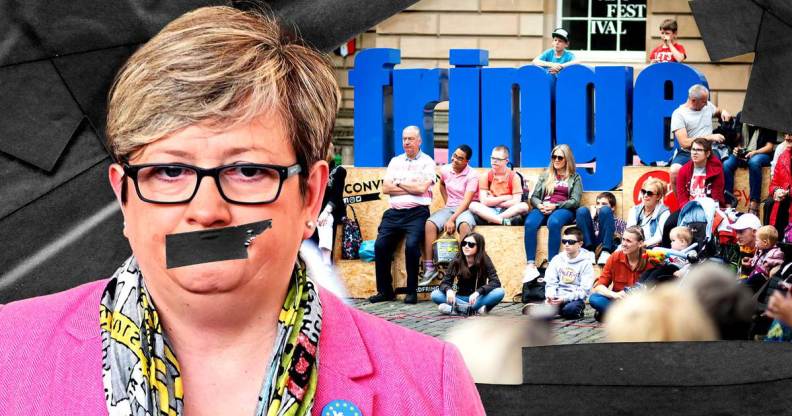 An edited image of Joanna Cherry with tape on her mouth.
