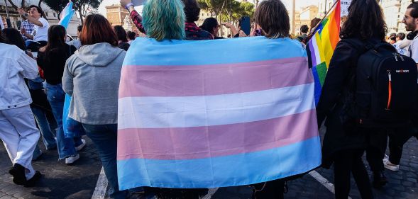 Two trans activists huddle together under a trans Pride flag.