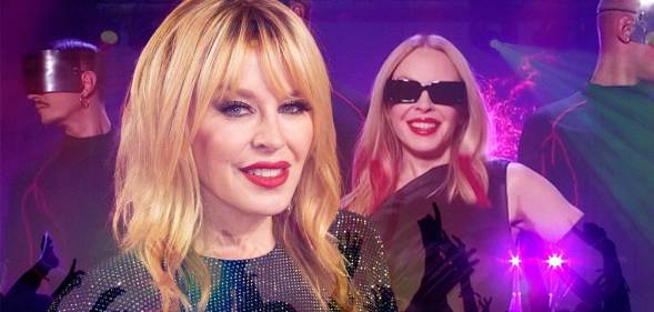 An image featuring Kylie Minogue smiling at the camera and Kylie Minogue performing her new single Padam Padam.