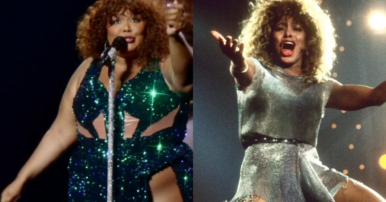 Lizzo performs a Tina Turner tribute while dressed in a green gown. On the left, Tina Turner performs.