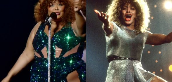 Lizzo performs a Tina Turner tribute while dressed in a green gown. On the left, Tina Turner performs.