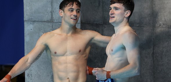 Tom Daley and Matty Lee of Team Great Britain look celebrate after their final dive during the Men's Synchronised 10m Platform Final on day three of the Tokyo 2020 Olympic Games at Tokyo Aquatics Centre on July 26, 2021 in Tokyo, Japan. Matty Lee has since joined OnlyFans