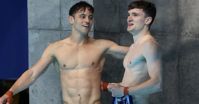 Tom Daley and Matty Lee of Team Great Britain look celebrate after their final dive during the Men's Synchronised 10m Platform Final on day three of the Tokyo 2020 Olympic Games at Tokyo Aquatics Centre on July 26, 2021 in Tokyo, Japan. Matty Lee has since joined OnlyFans