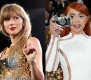 A composite of Taylor Swift performing at her Eras Tour alongside Ice Spice holding a camera while at the Met Gala.