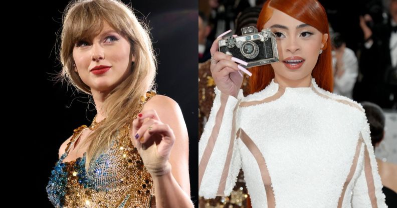 A composite of Taylor Swift performing at her Eras Tour alongside Ice Spice holding a camera while at the Met Gala.