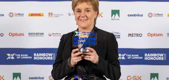 LONDON, ENGLAND - MAY 17: Former First Minister of Scotland Nicola Sturgeon poses in the winners room with the Celebrity Ally Award during the Rainbow Honours 2023 at the National History Museum on May 17, 2023 in London, England. (Photo by Shane Anthony Sinclair/Getty Images)
