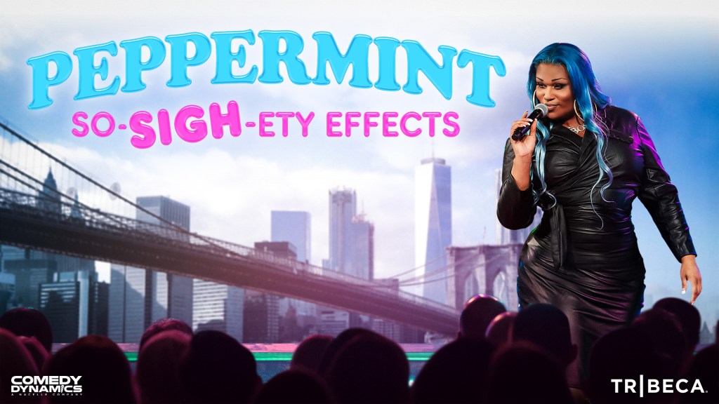 A promotional image featuring drag icon Peppermint performing during her So-Sigh-Ety Effects comedy special.
