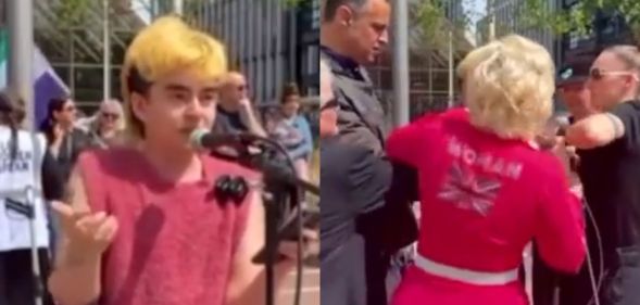 A split image of a trans activist speaking to a crowd, and a group of Posie Parker fans attempting to remove him from the podium.