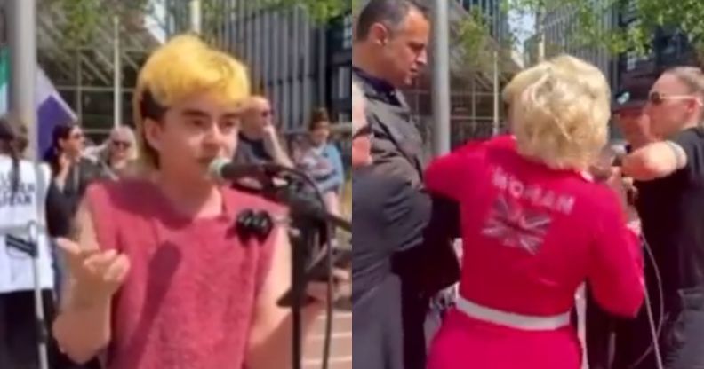 A split image of a trans activist speaking to a crowd, and a group of Posie Parker fans attempting to remove him from the podium.