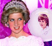 Princess Diana pictured wearing a tiara against a pink background. On the right is a picture of a plate with an image of Diana on it.