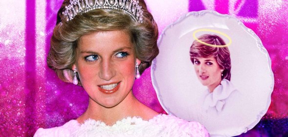 Princess Diana pictured wearing a tiara against a pink background. On the right is a picture of a plate with an image of Diana on it.