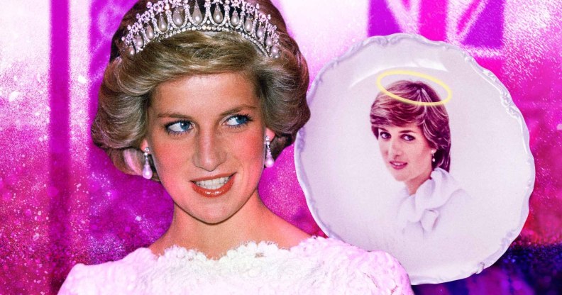 Princess Diana pictured wearing a tiara against a pink background. On the right is a picture of a plate with an image of Diana on it.