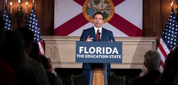 SARASOTA, FL - MAY 15: Florida Governor Ron DeSantis speaks after signing three education bills on the campus of New College of Florida in Sarasota, Fla. on Monday, May 15, 2023. (Photo by Thomas Simonetti for The Washington Post via Getty Images)