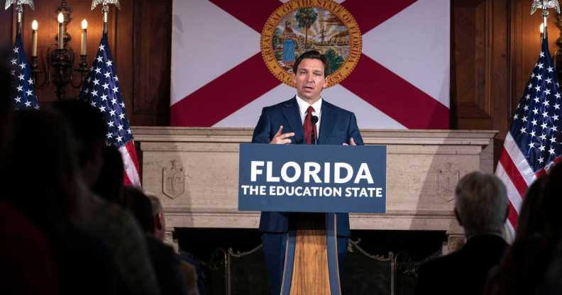 SARASOTA, FL - MAY 15: Florida Governor Ron DeSantis speaks after signing three education bills on the campus of New College of Florida in Sarasota, Fla. on Monday, May 15, 2023. (Photo by Thomas Simonetti for The Washington Post via Getty Images)