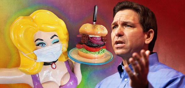 An edited image of Florida governor Ron DeSantis next to a Hamburger Mary's figurine.