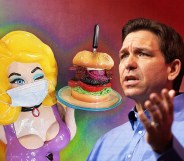 An edited image of Florida governor Ron DeSantis next to a Hamburger Mary's figurine.