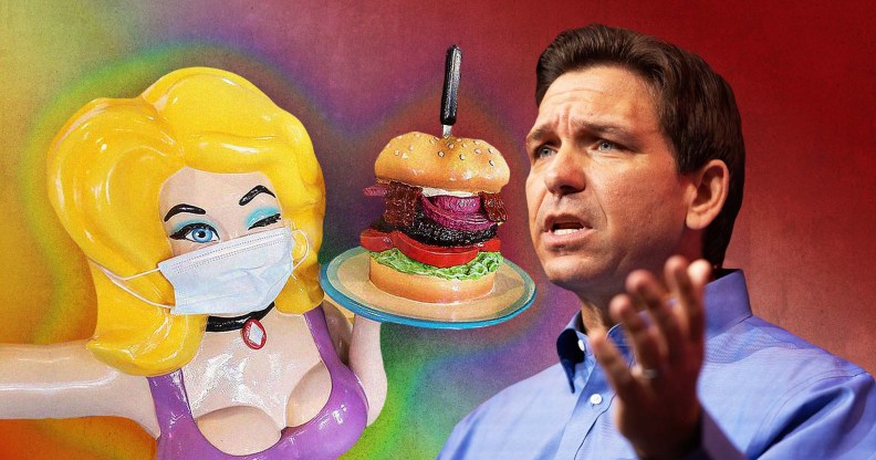 An edited image of Florida governor Ron DeSantis next to a Hamburger Mary's figurine.