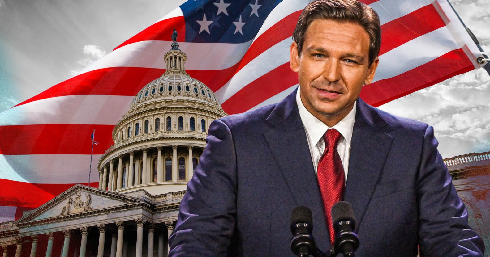 A graphic of Republican Florida governor Ron DeSantis wearing a suite and tie as he stands in front of a capitol building, the US flag as he launches his presidential campaign