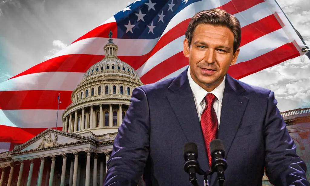 A graphic of Republican Florida governor Ron DeSantis wearing a suite and tie as he stands in front of a capitol building, the US flag as he launches his presidential campaign
